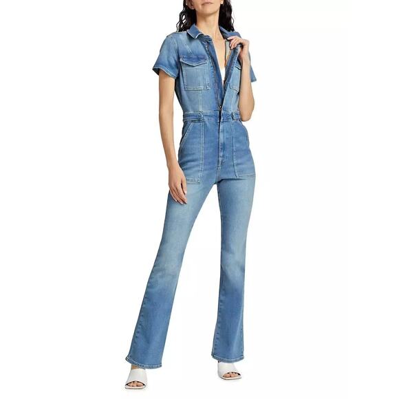 Good American Fit For Success Short Sleeve Bootcut Denim Jumpsuit Blue L - Picture 1 of 9